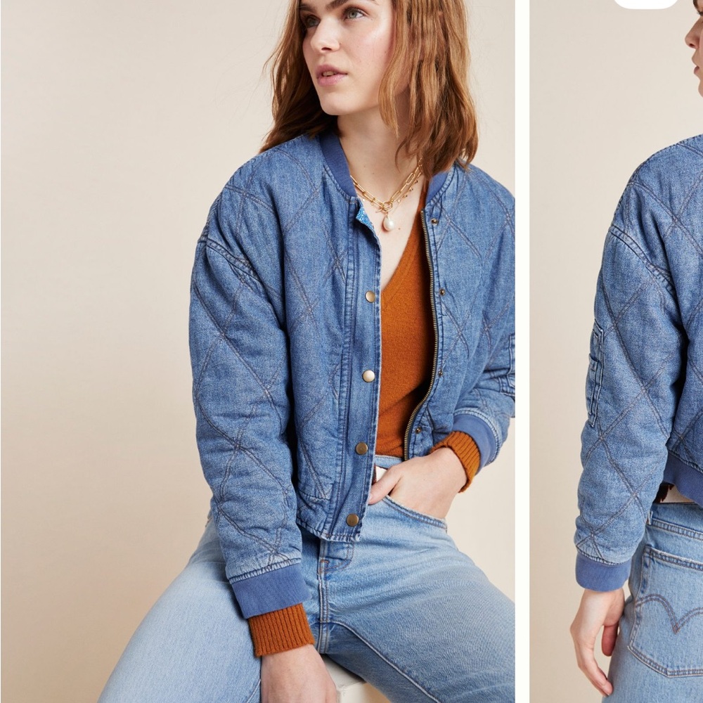 Anthropologie Lindy Quilted Denim Bomber Jacket in Indigo size Medium - Picture 8 of 15